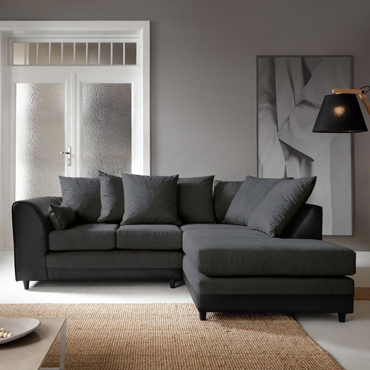 Linacre Corner Sofa - Right Arm Black and Charcoal - Moonlight Interiors