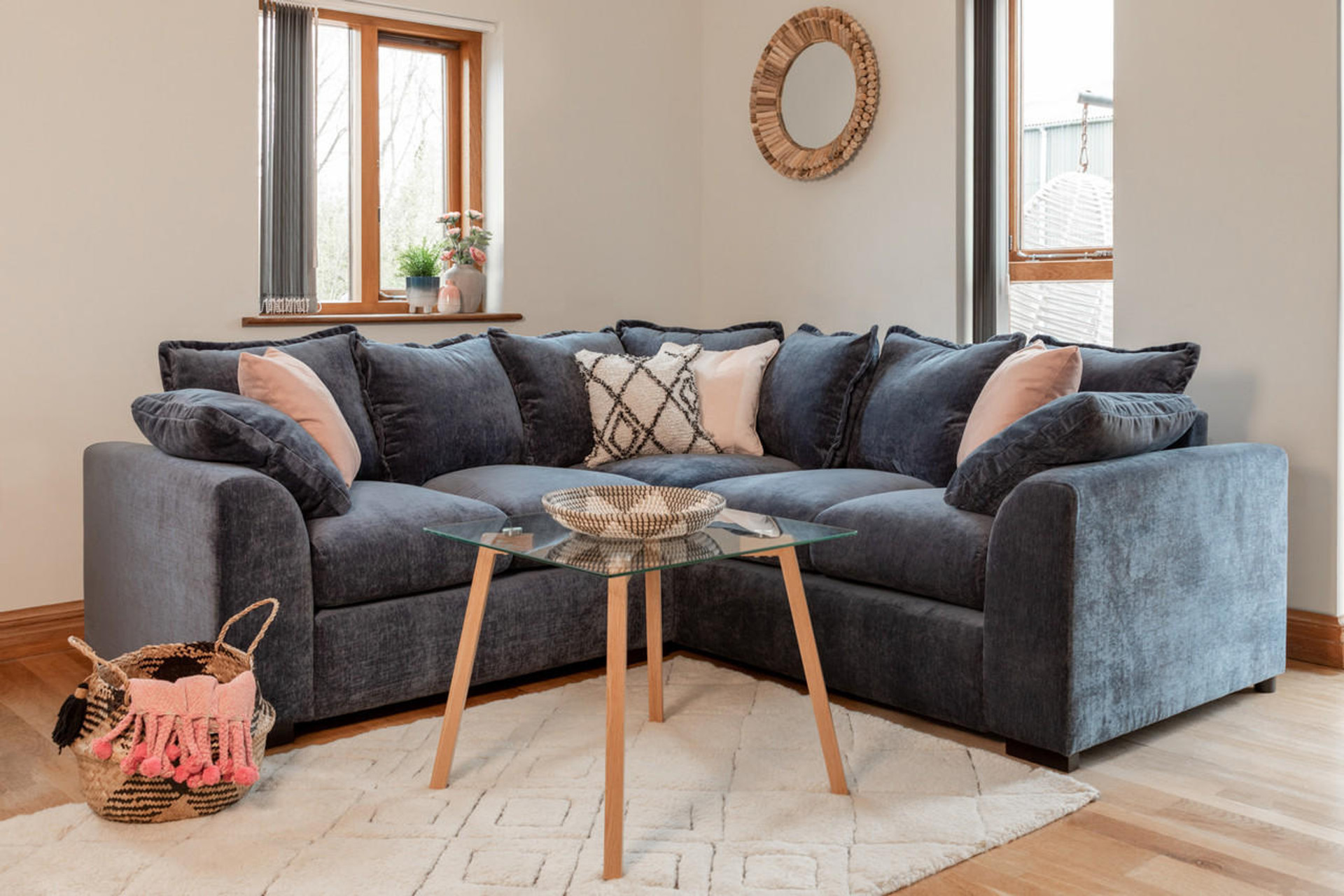 Haylett Soft Navy Polyester Large Corner Sofa - Blue - Sofa So Good