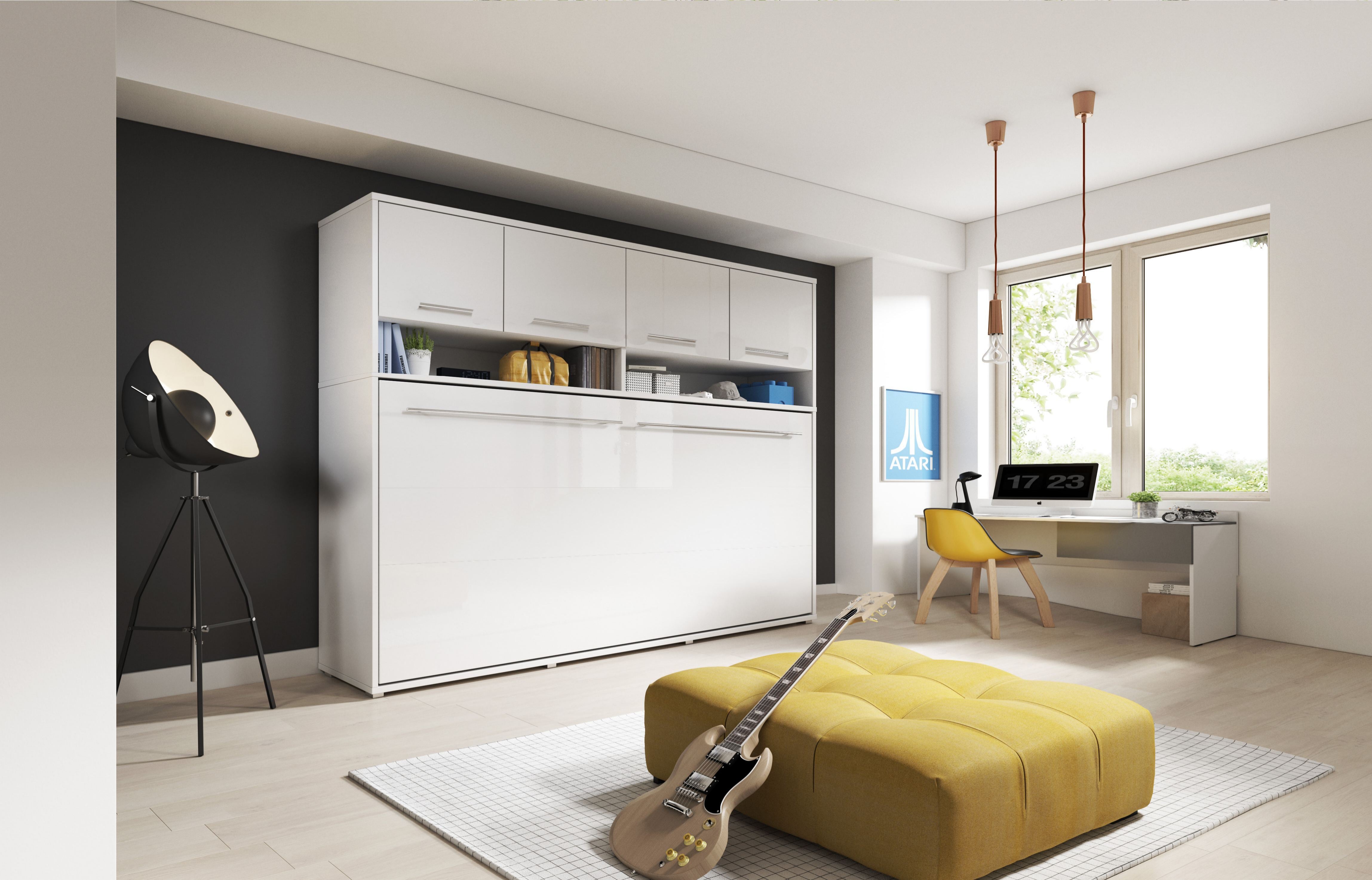 ArtNest Horizontal Wall Bed 120cm with Over Bed Unit - White Matt - Art Nest