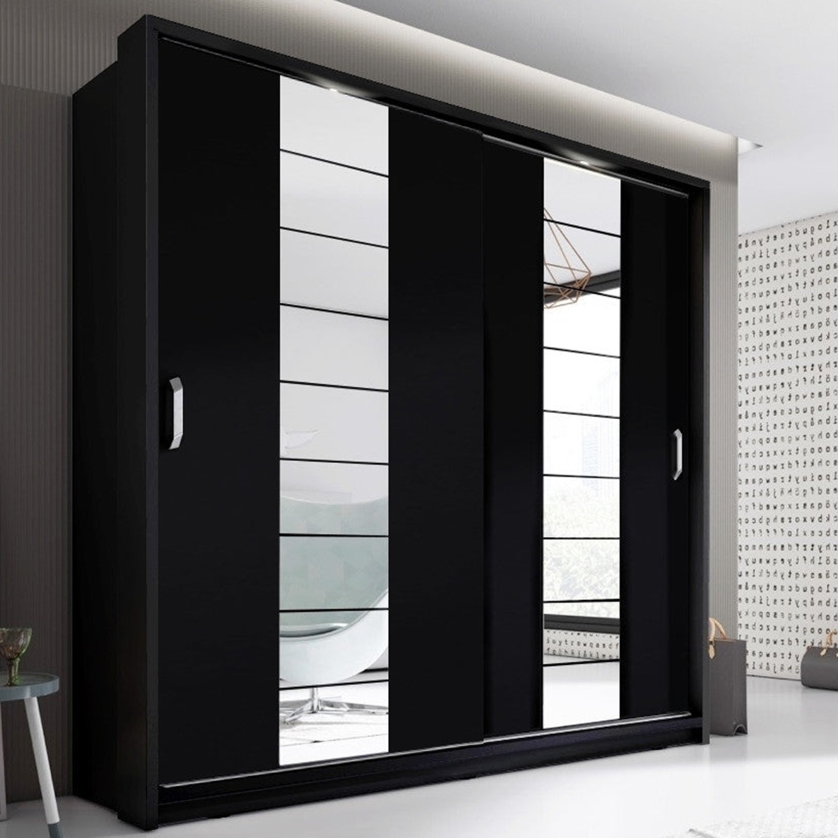 Sliding Wardrobe - IRVINE 2 Door Mirrored Wardrobe Black Matt 220cm - Art Nest