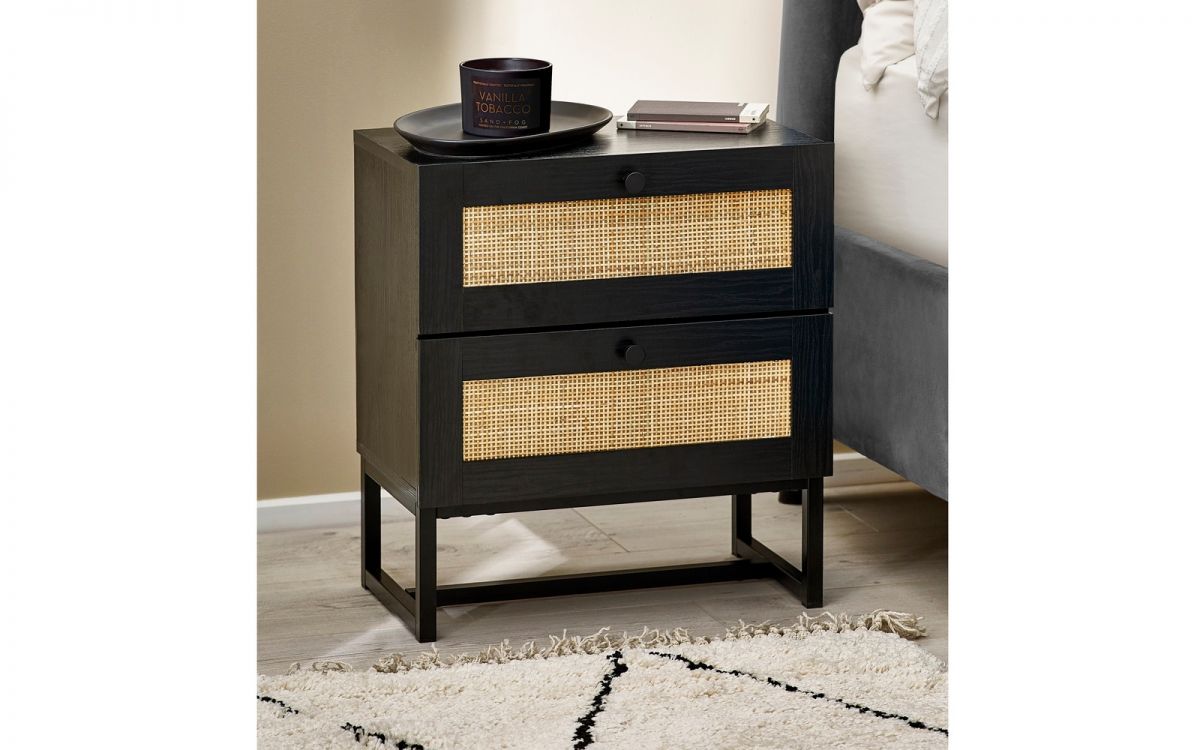 Bedside Table - PADSTOW 2 Drawer Nightstand Black 50cm - JB Collections
