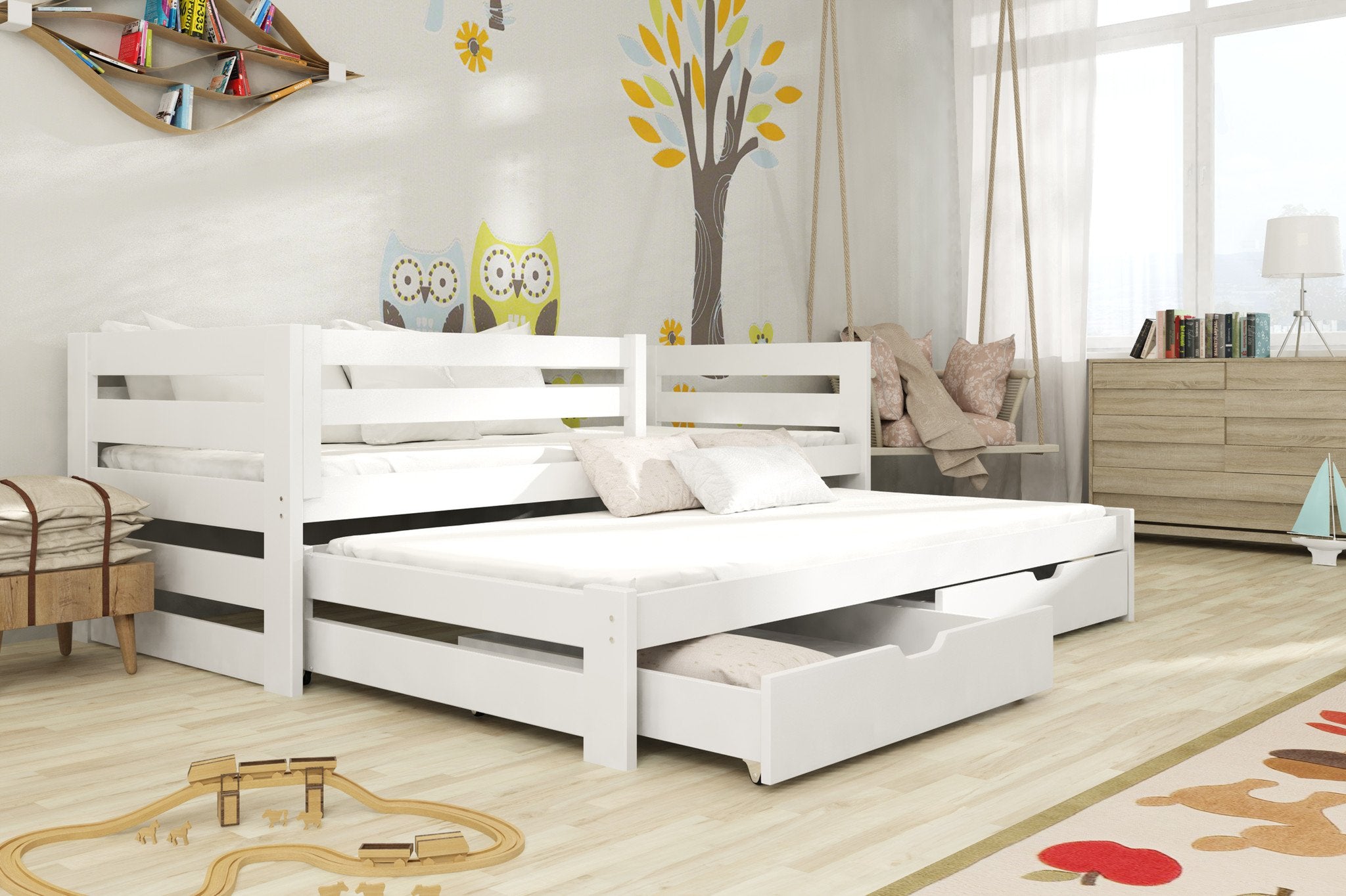 KREMAR 2 Drawers Storage Wooden Double Bed with Trundle - White - Art Nest