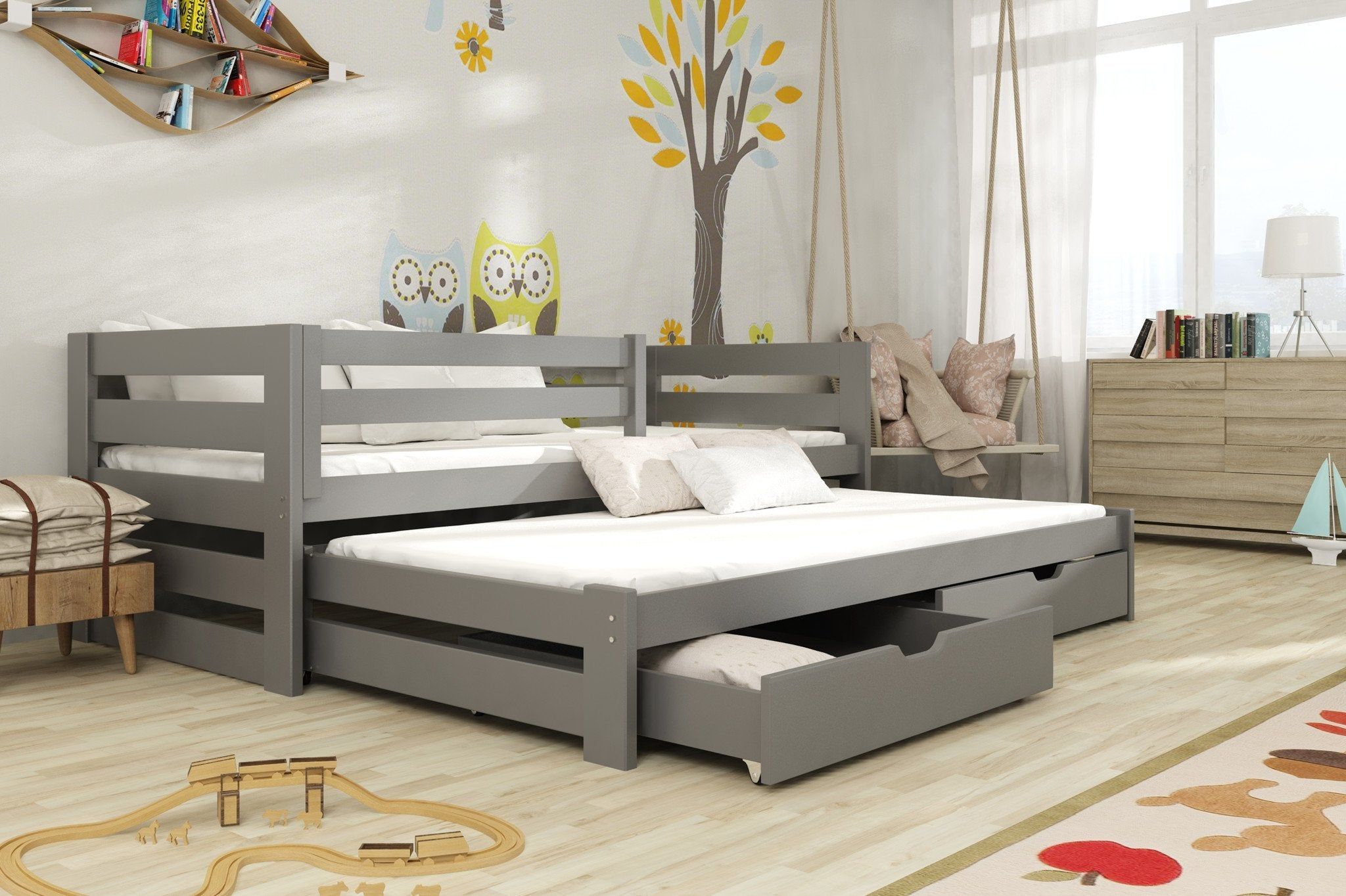 KREMAR 2 Drawers Storage Wooden Double Bed with Trundle - Graphite - Art Nest