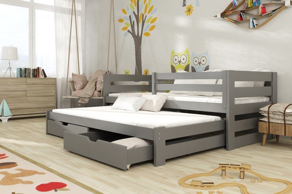 KREMAR 2 Drawers Storage Wooden Double Bed with Trundle and Foam Mattress - Graphite - Art Nest