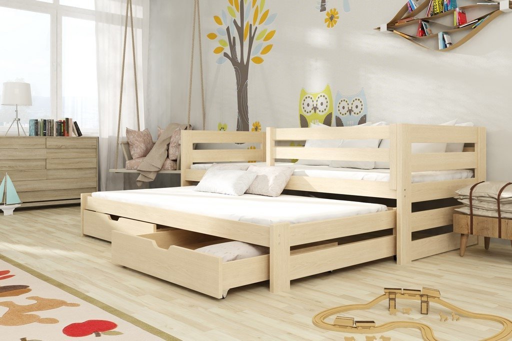 KREMAR 2 Drawers Storage Wooden Double Bed with Trundle and Foam Mattress - Pine - Art Nest