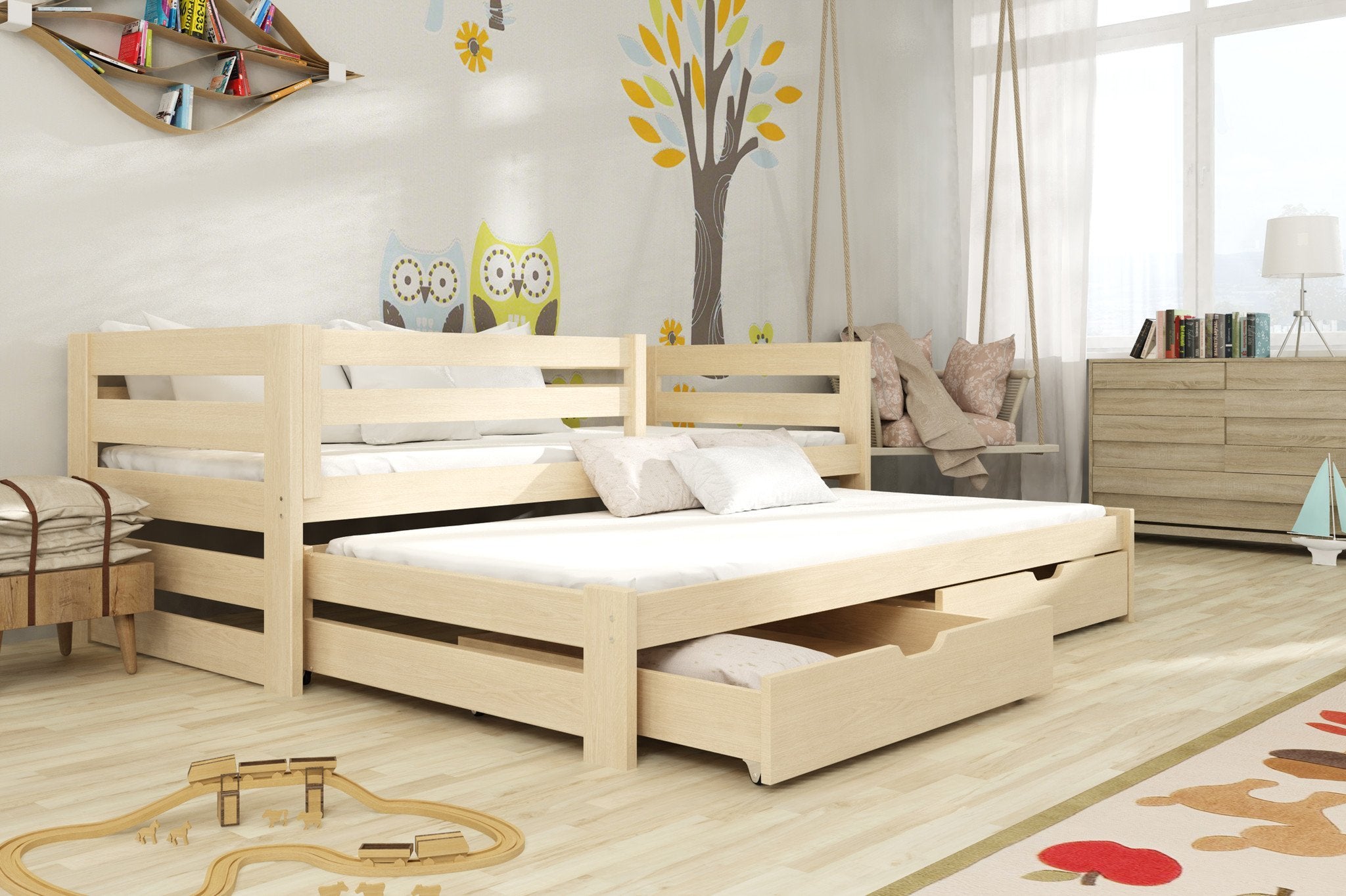 KREMAR 2 Drawers Storage Wooden Double Bed with Trundle - Pine - Art Nest