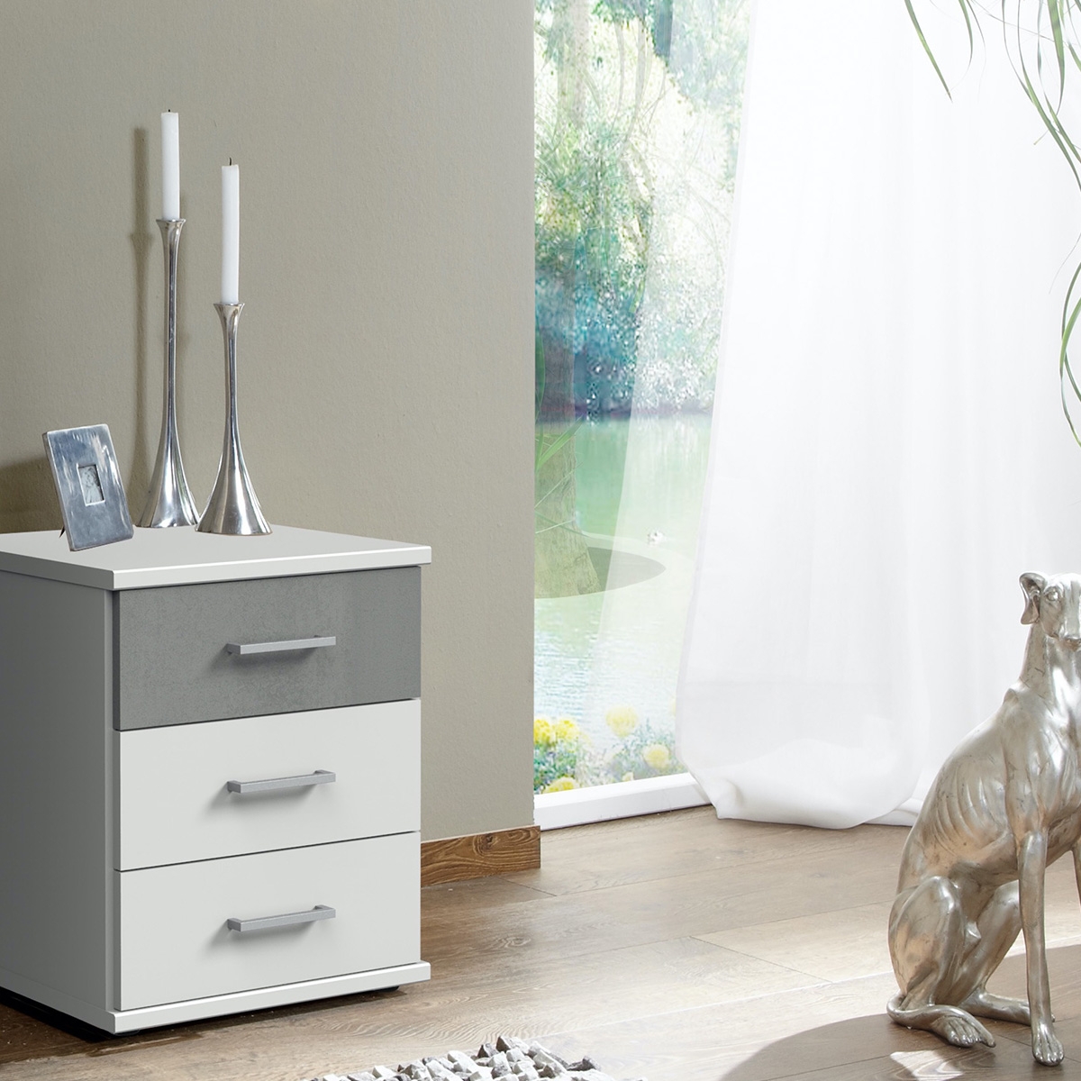 Bedside Table - CADIZ 3 Drawer Nightstand White and Grey 46cm - Wimex Distribution