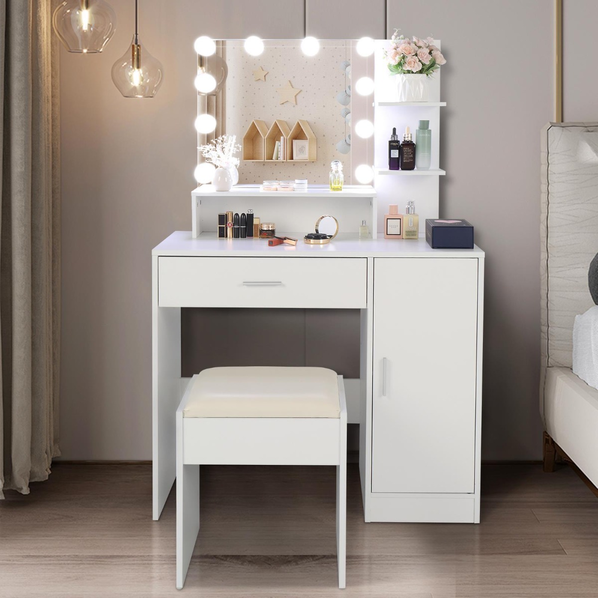 Modern Makeup Desk with Hollywood-Style Illuminated Mirror LED Bulbs and Stool Set - White - Bedroom & More
