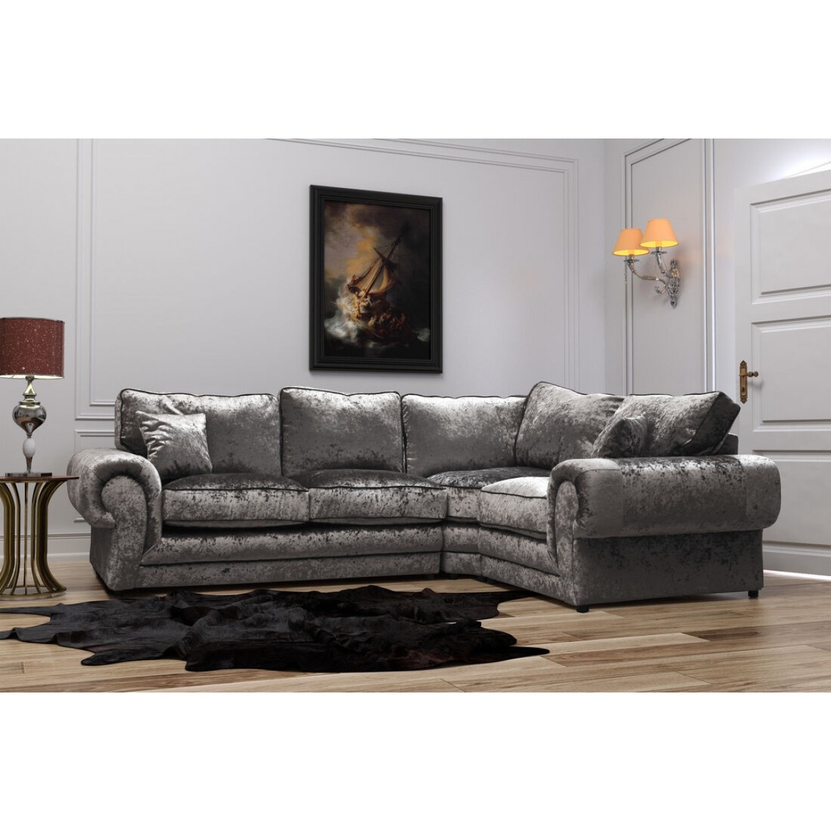 TRACY Crushed Velvet 4 Seater L Shaped - Right Hand Facing Corner Sofa - Silver - Home Done