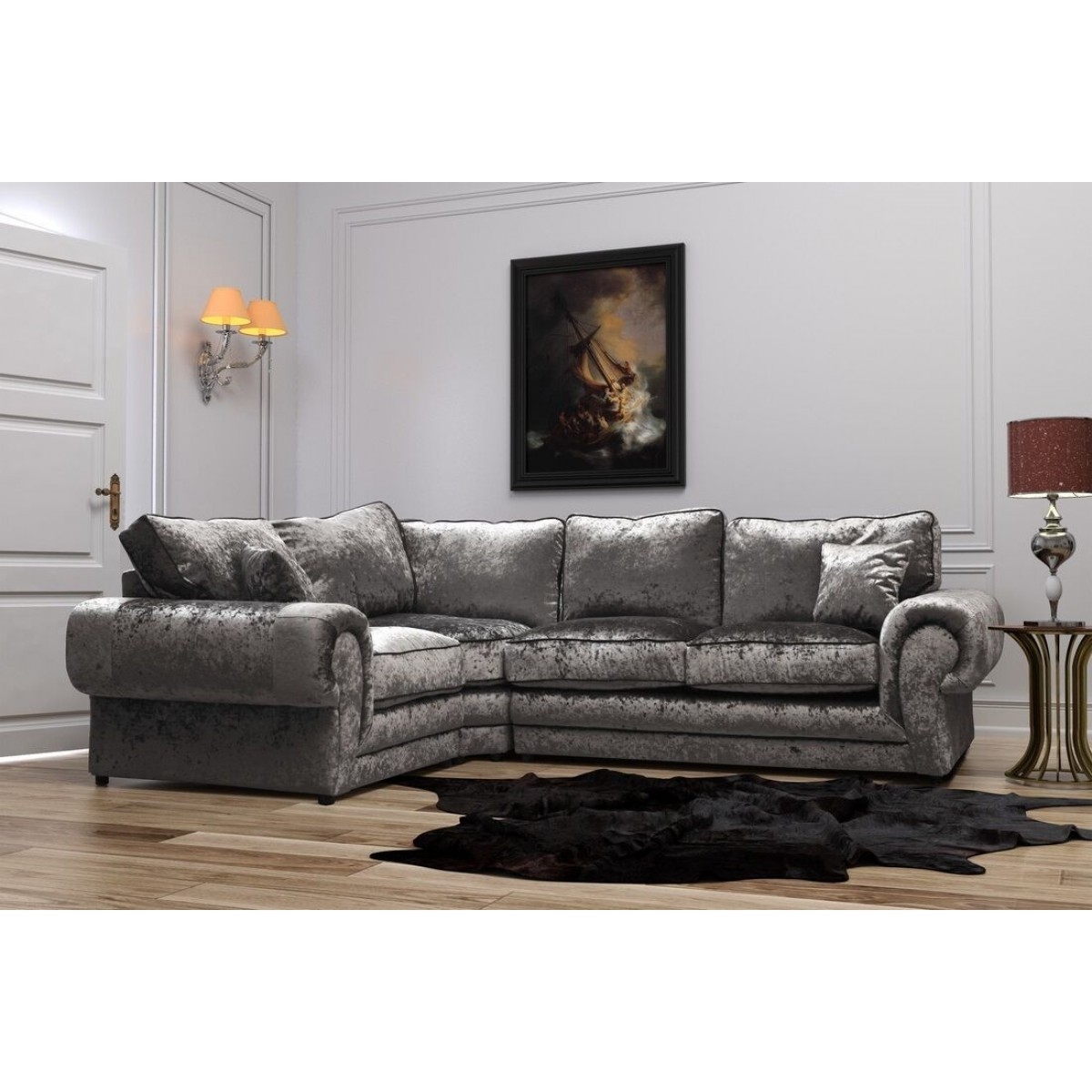 TRACY Crushed Velvet 4 Seater L Shaped - Left Hand Facing Corner Sofa - Silver - Home Done