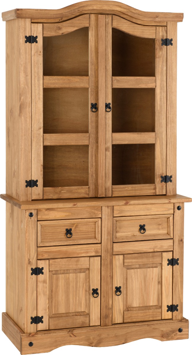 Corona 3ft Single Buffet Hutch - Distressed Waxed Pine Clear Glass - Budget Deals