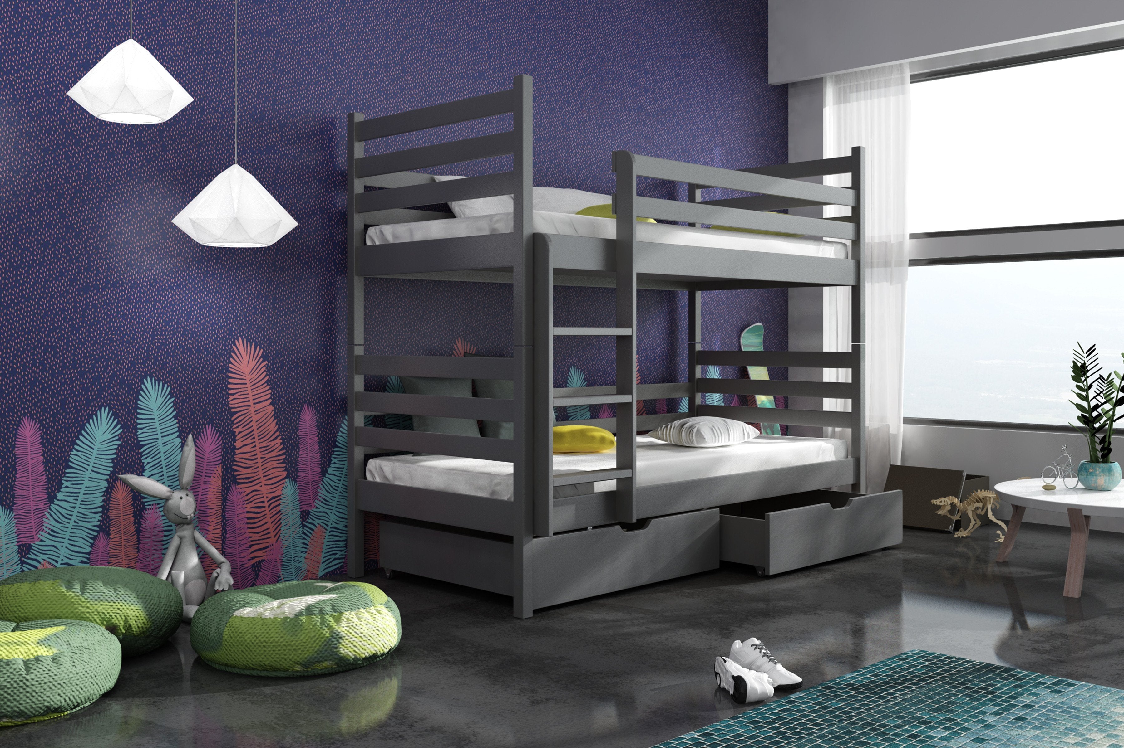 Naomi Wooden Bunk Bed with 2 Drawers Storage - Graphite - Art Nest