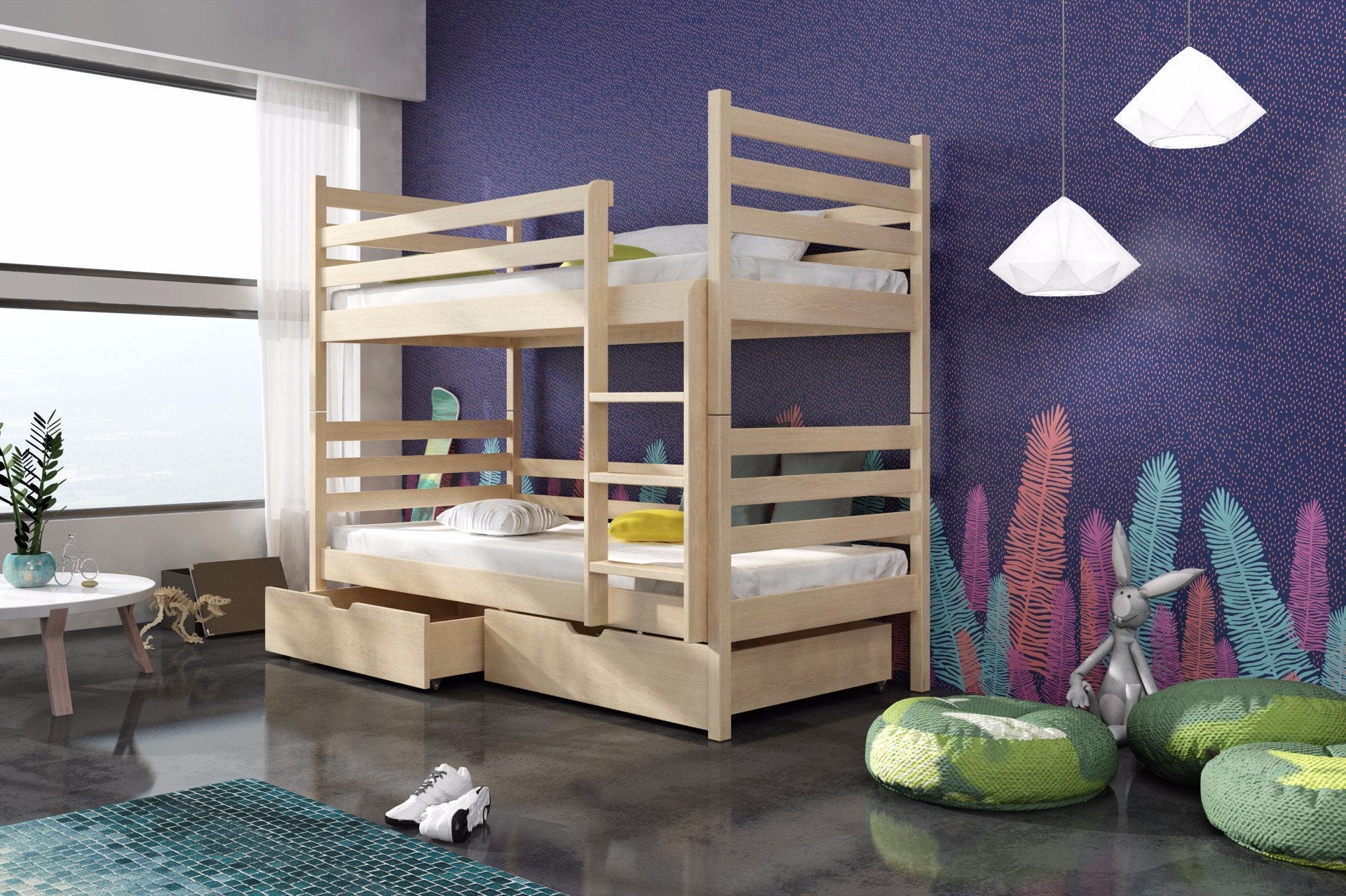 Naomi Wooden Bunk Bed with 2 Drawers Storage and Foam Mattress - Pine - Art Nest