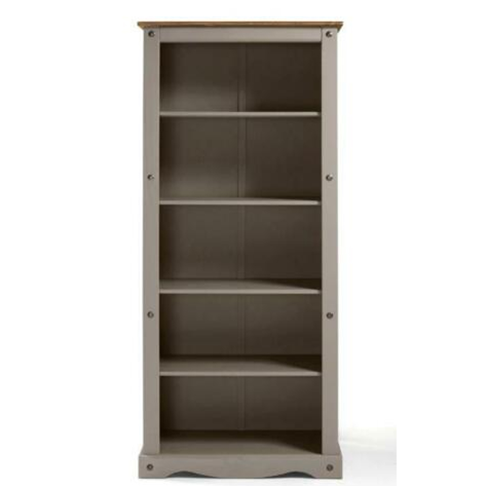 Corona Solid Pine Bookcase With Large 5 Shelf - Grey Wax - Bedroom & More