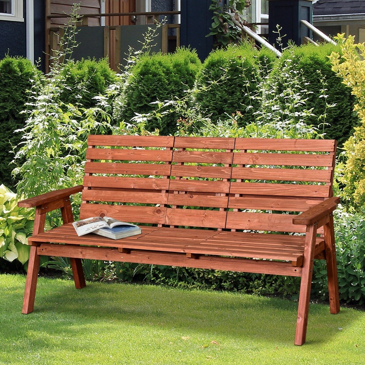 Wooden Frame Convertible 2-3 Seater Garden Bench With Table - Orange - Aldo & Ehren