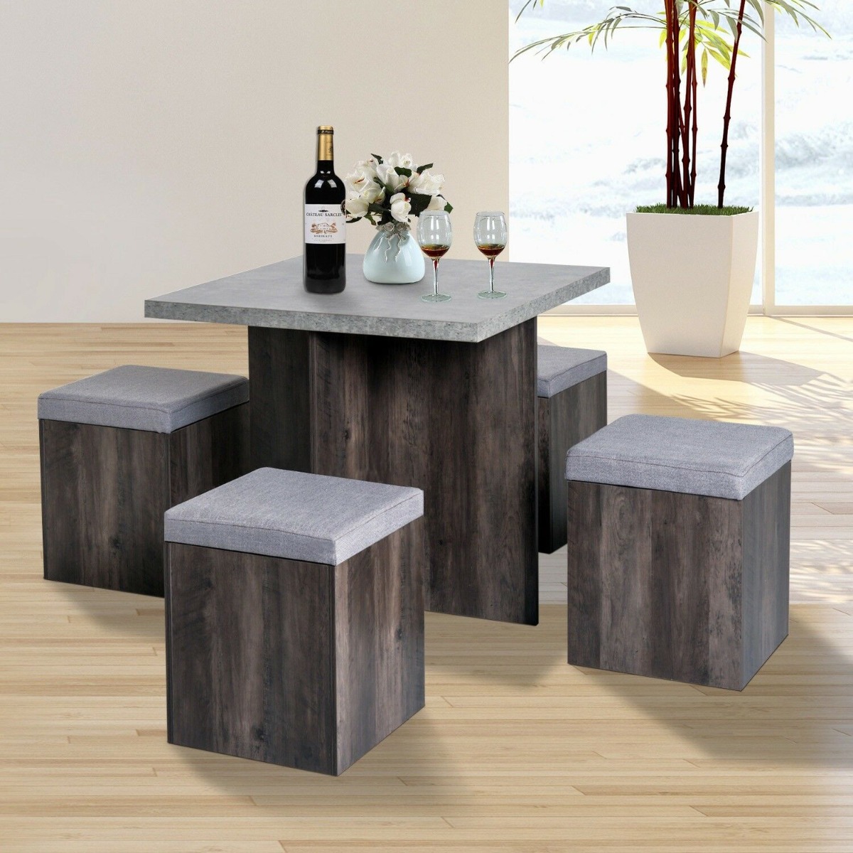 5 PC Square Dining Table Set With Ottoman Seats - Grey & Wood Grain - Aldo & Ehren