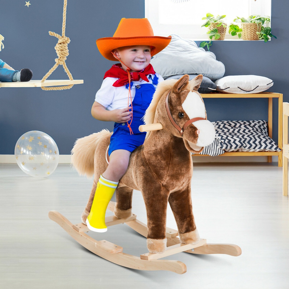 Wooden Plush Fabric Children Rocking Horse - Brown - Aldo & Ehren