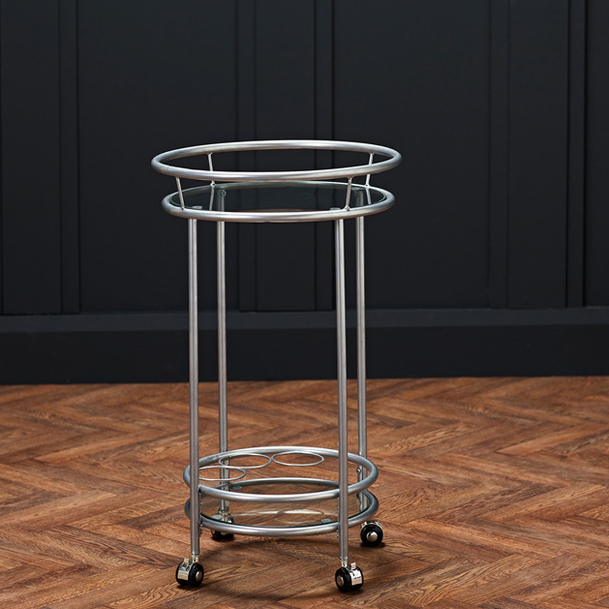 Collins Drinks Trolley With Glass Top - Silver - Leeds Plywood