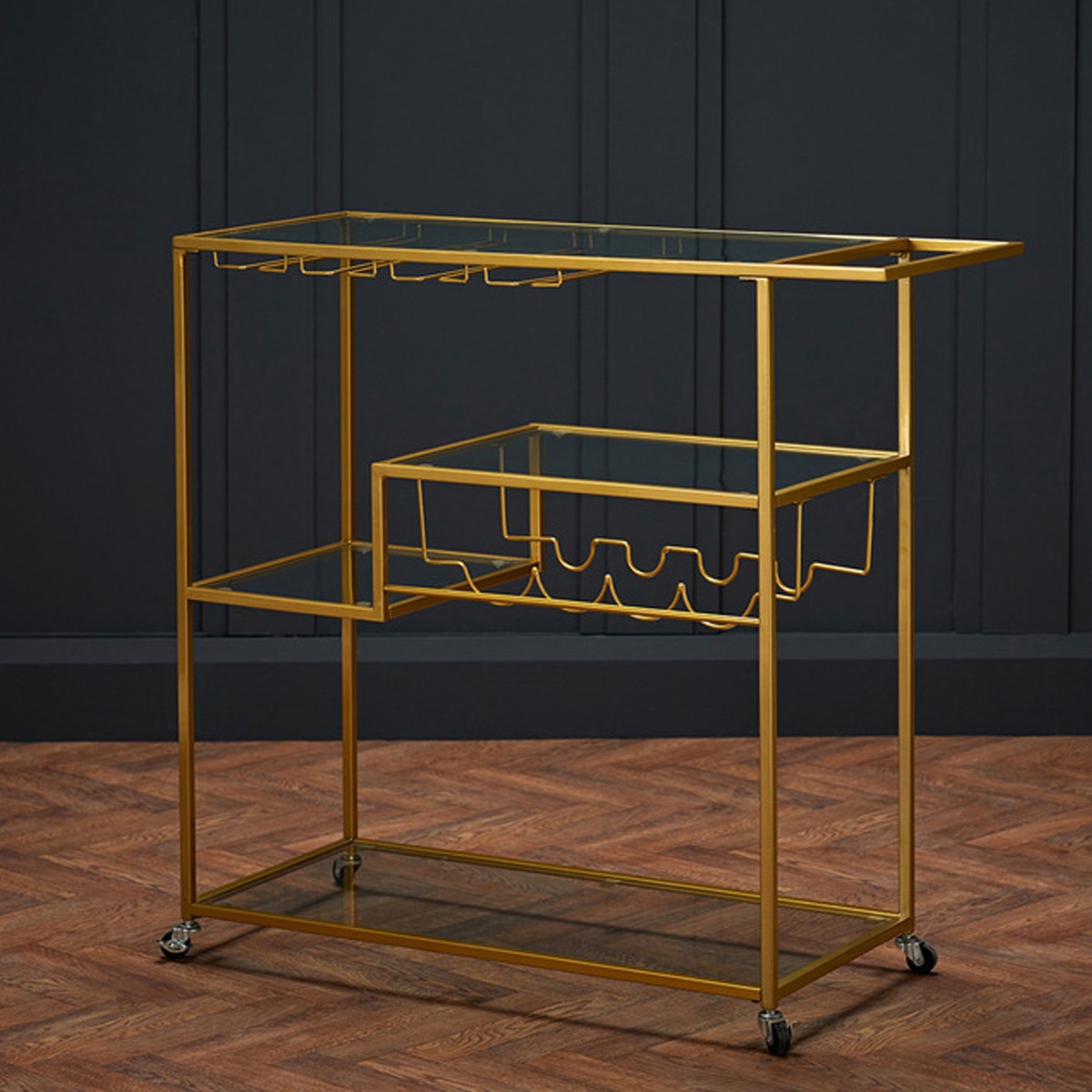 Porter Drinks Trolley With Glass Top - Gold Finish - Leeds Plywood
