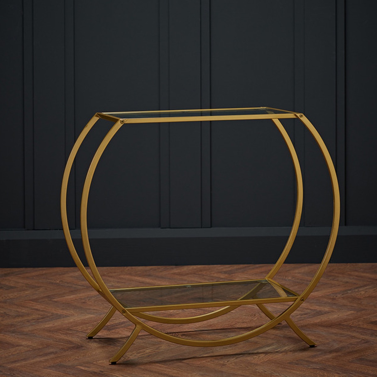 Zenor Metal Gold Finish Console Table With Glass Tops - Leeds Plywood