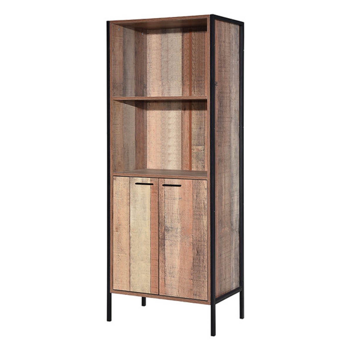 Hoxton Black Metal Frame Bookcase With 2 Doors and Open Shelf - Wood Effect - Leeds Plywood