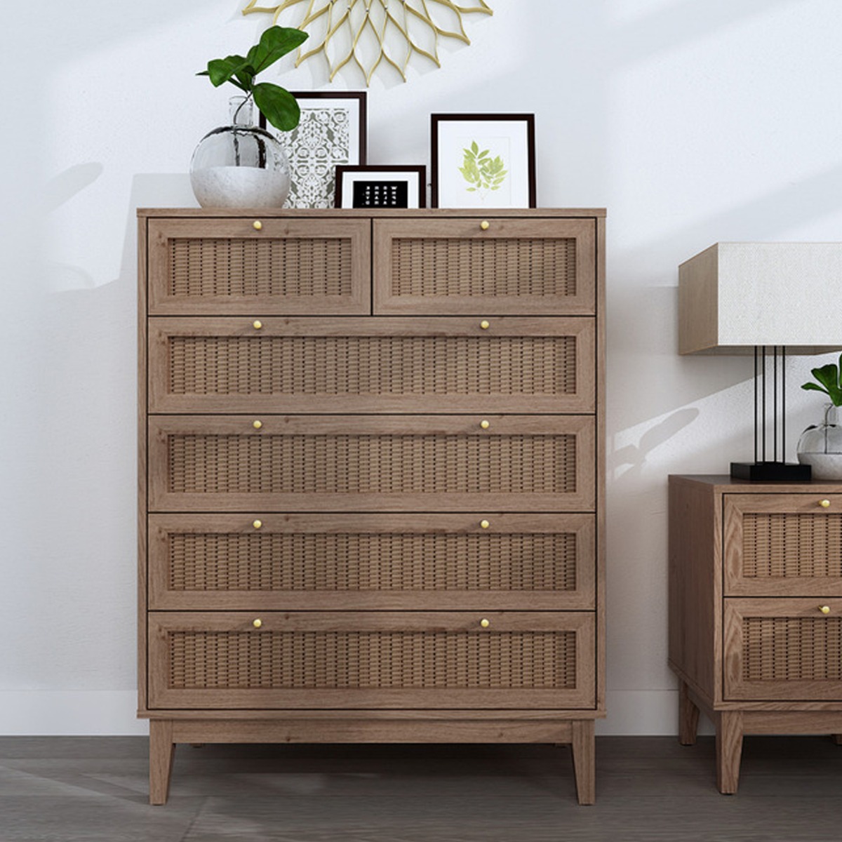 BATON Oak Finish Rattan Chest of Drawers - Medium-sized, 6 Drawers - Leeds Plywood