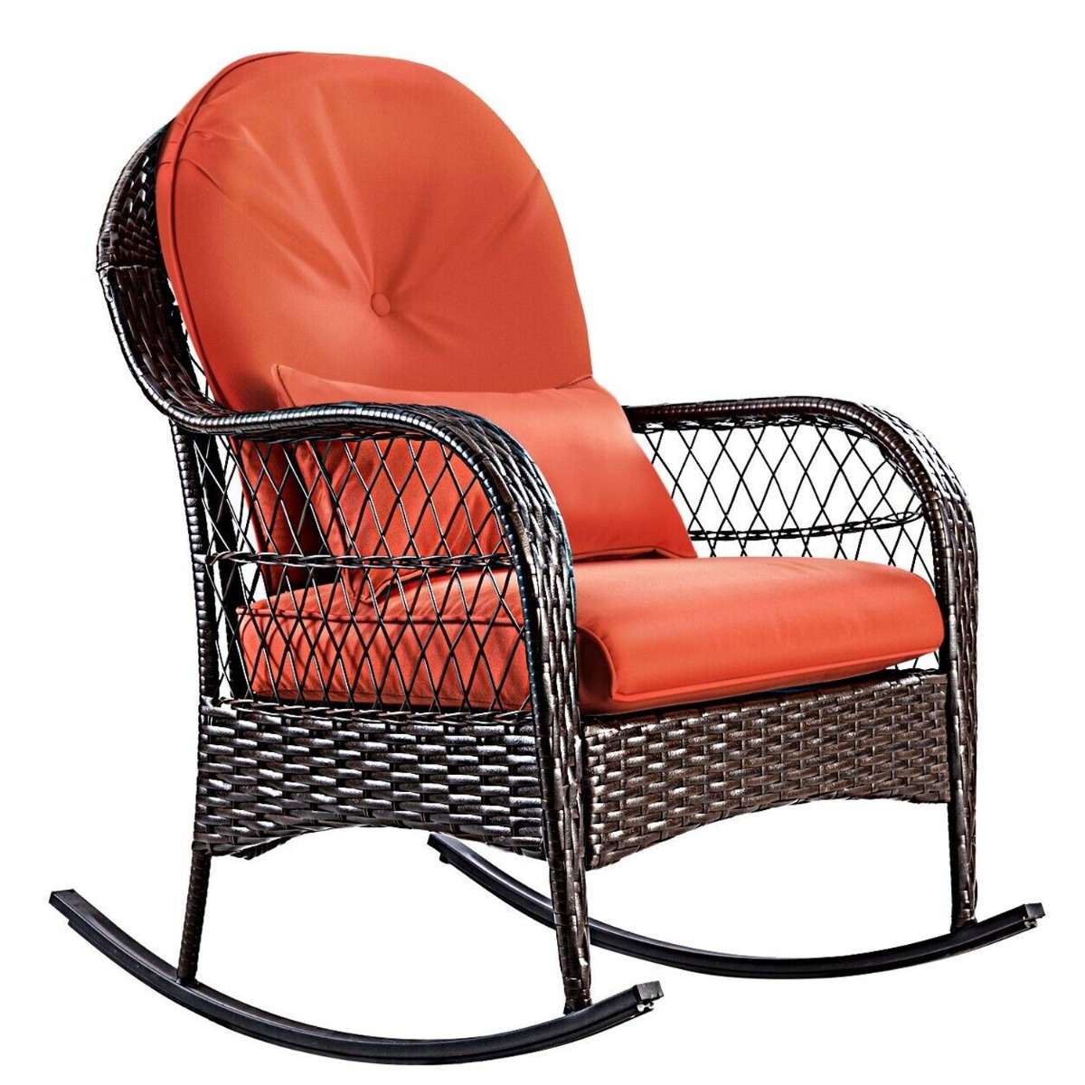 Rattan Outdoor Rocking Chair Wicker Metal Armchair with Red Cushion - Bedroom & More