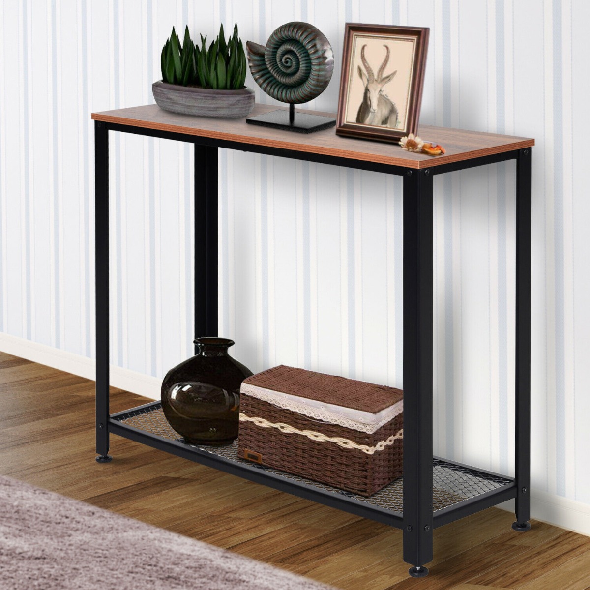 2-Tier Console Table with Mesh Shelf - Rustic Brown - Aldo & Ehren