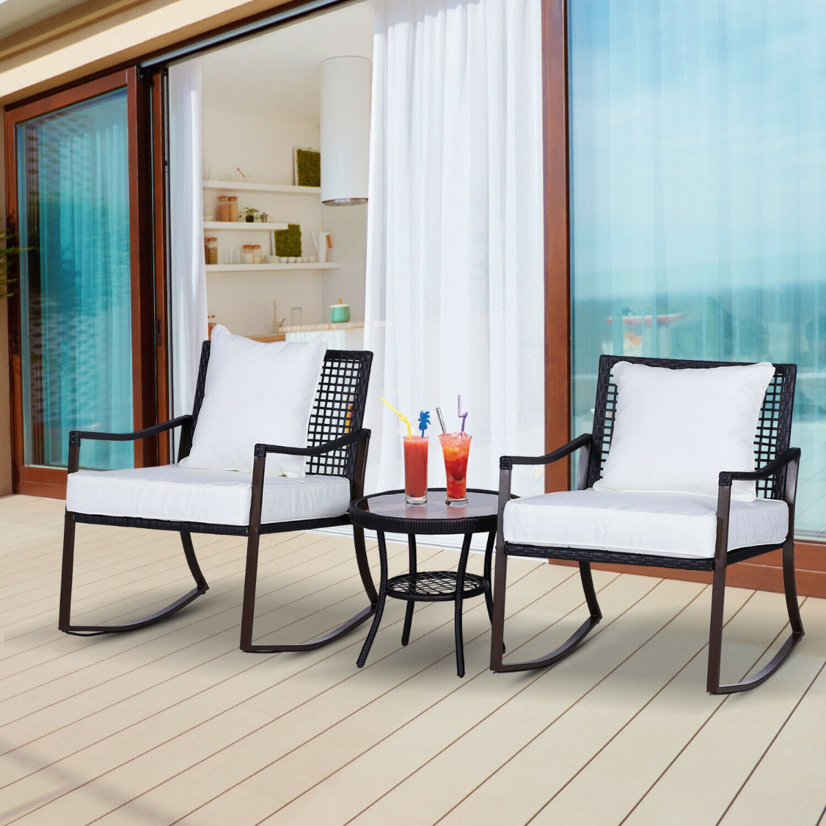 3 Pieces Garden Rocking Chair Bistro Set - Brown - Aldo & Ehren