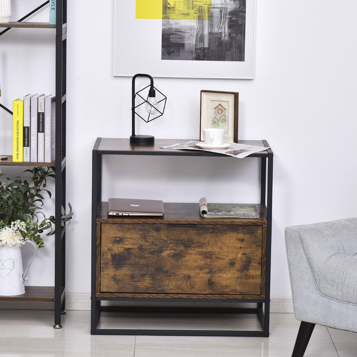 Black Metal Frame Side Table with Drawer and Open Shelf - Brown - Aldo & Ehren