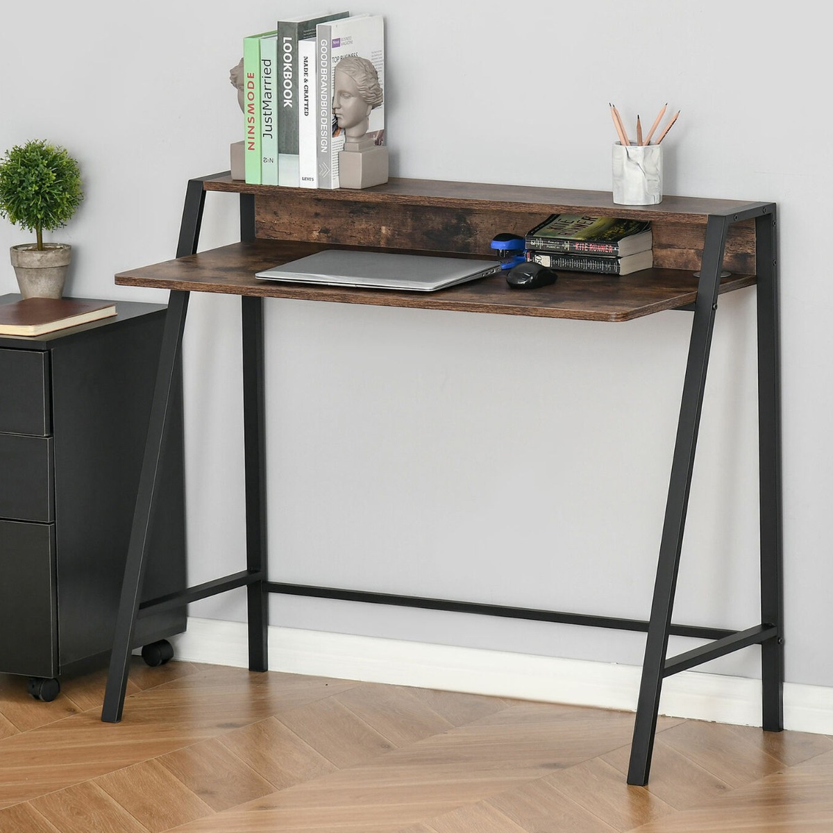 Black Steel Frame Two-Tier Computer Desk with Storage Shelf - Rustic Brown - Aldo & Ehren