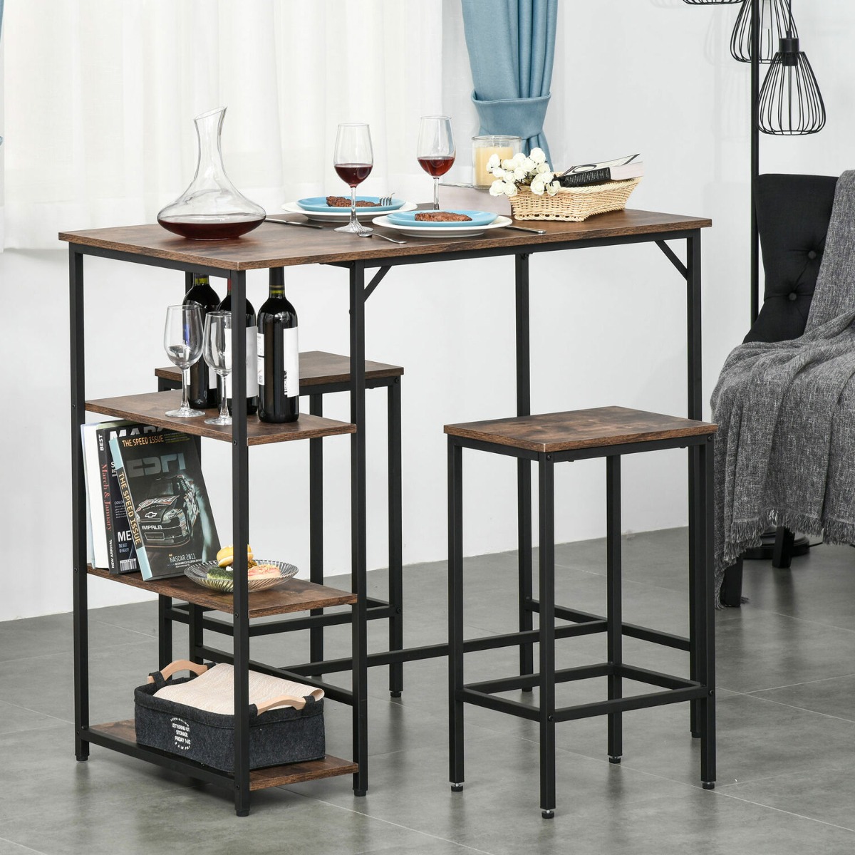Black Industrial Design Bar Table Set With 2 Stools & Side Shelf - Rustic Brown - Aldo & Ehren