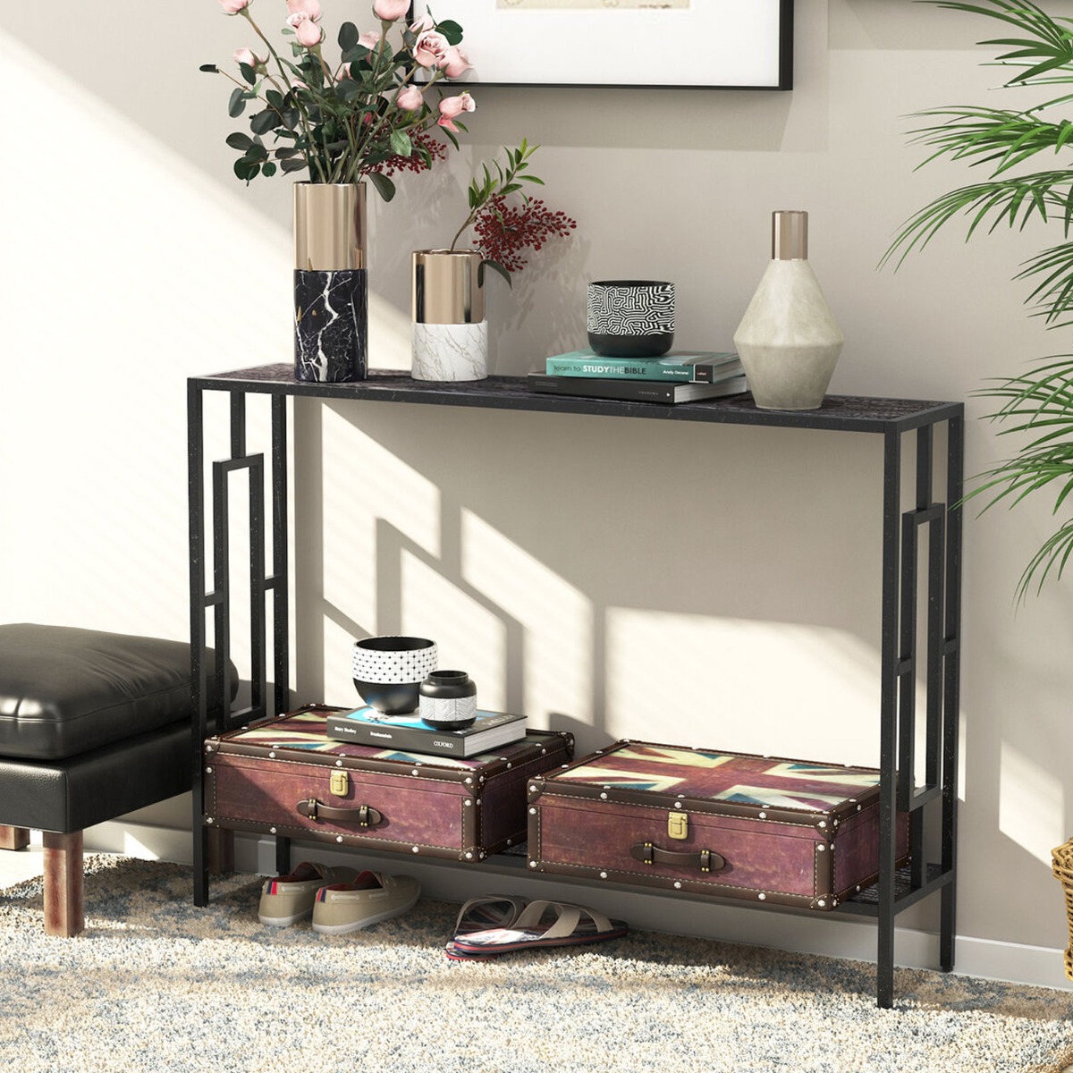Black Steel Frame Square Console Table with 2 Shelves - Grey - Aldo & Ehren
