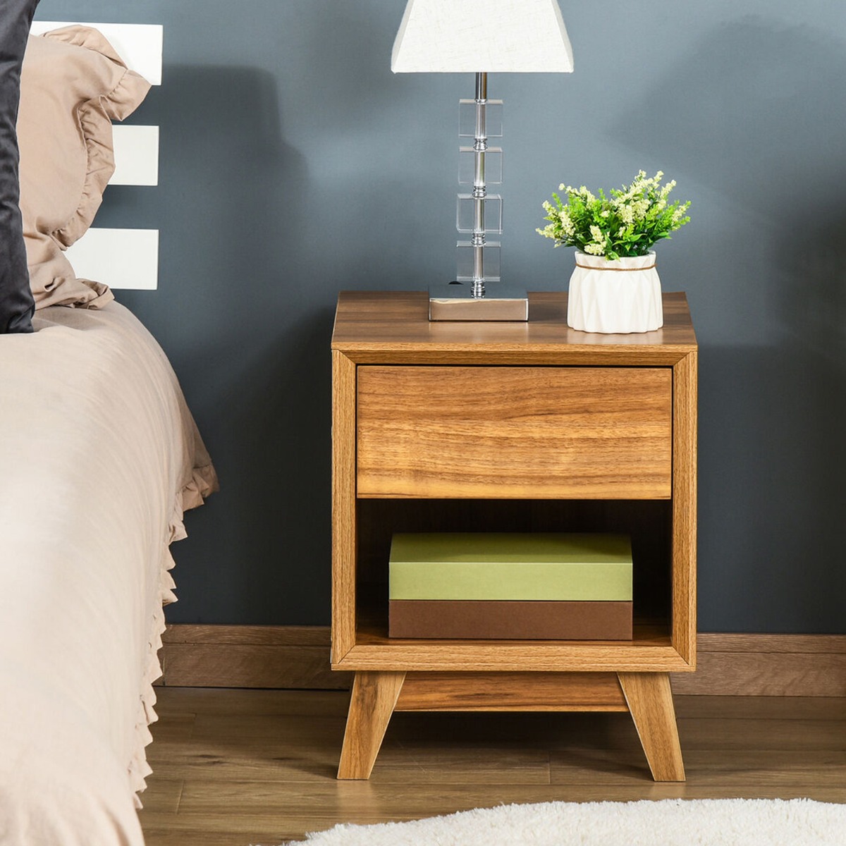 Bedside Table - MODERN 1 Drawer Nightstand Walnut Brown 40cm - Aldo & Ehren