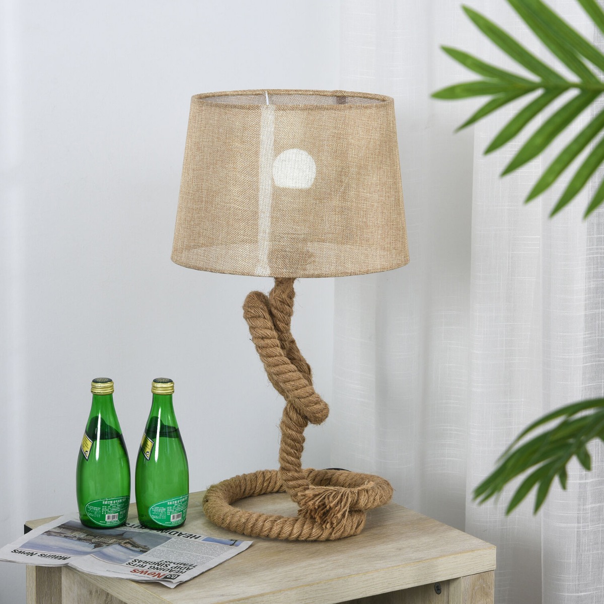 Metal Frame Nautical Style Rope-Base Table Lamp with Fabric Lampshade - Beige - Aldo & Ehren