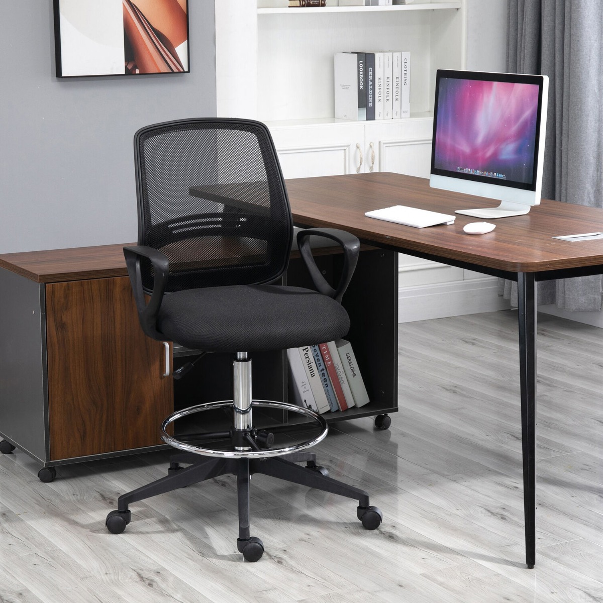 Ergonomic Design Mesh Fabric Swivel Chair with Footrest - Black - Aldo & Ehren