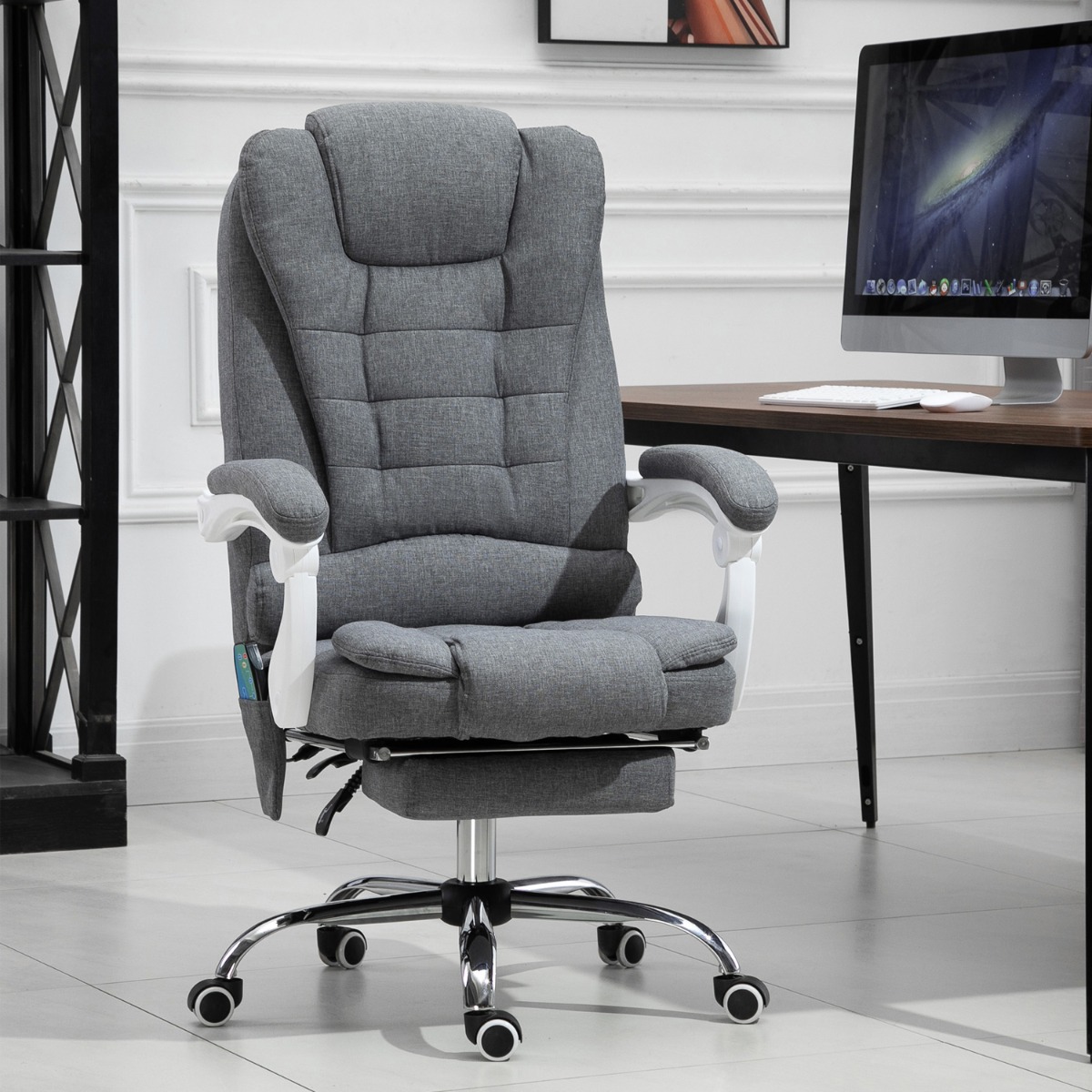 Durable Linen Fabric Upholstery 6 Point Massage Swivel Chair with Footrest - Grey - Aldo & Ehren