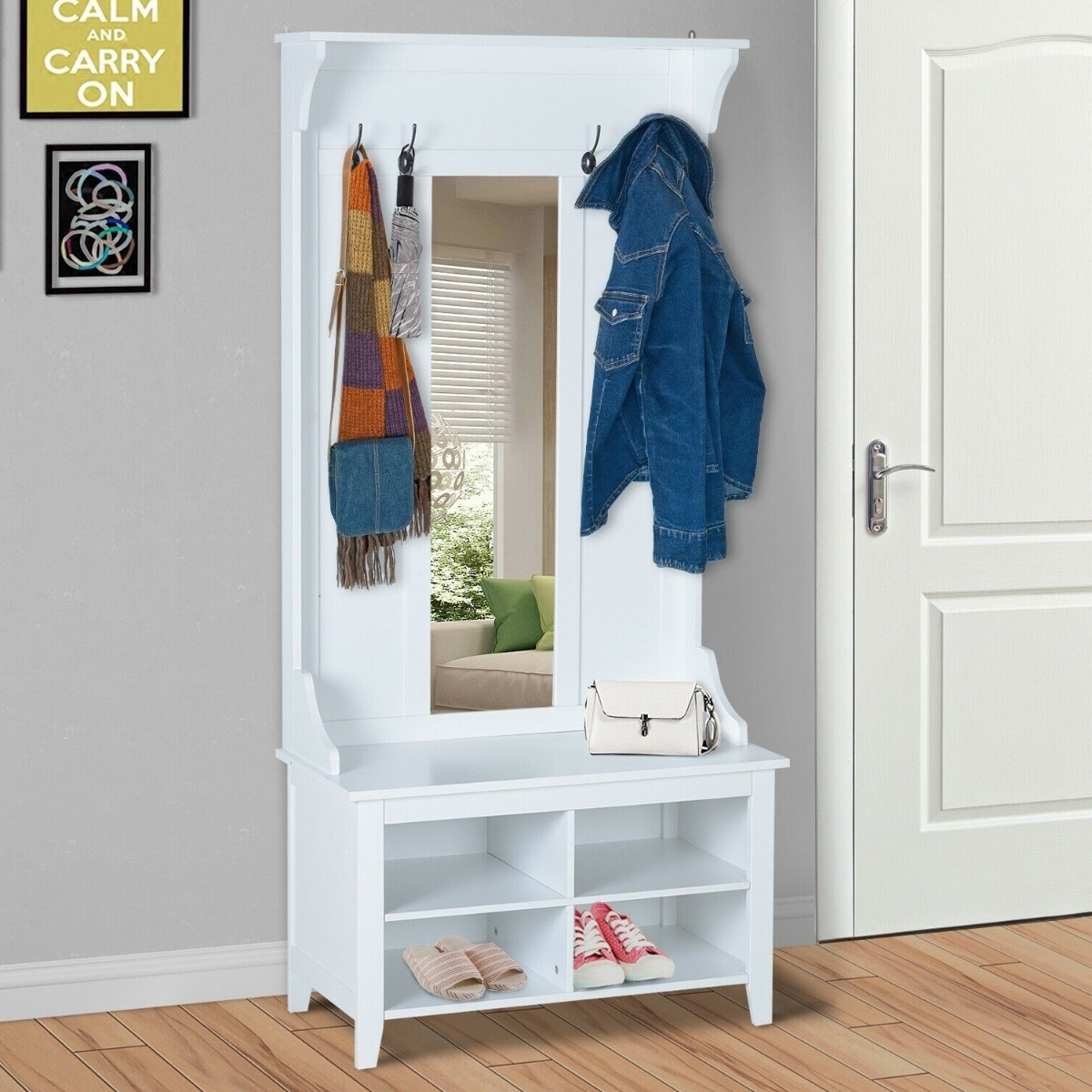 3 in 1 Design Shoe Storage, Mirror Cabinet Coat Rack with 4 Hooks - White - Aldo & Ehren