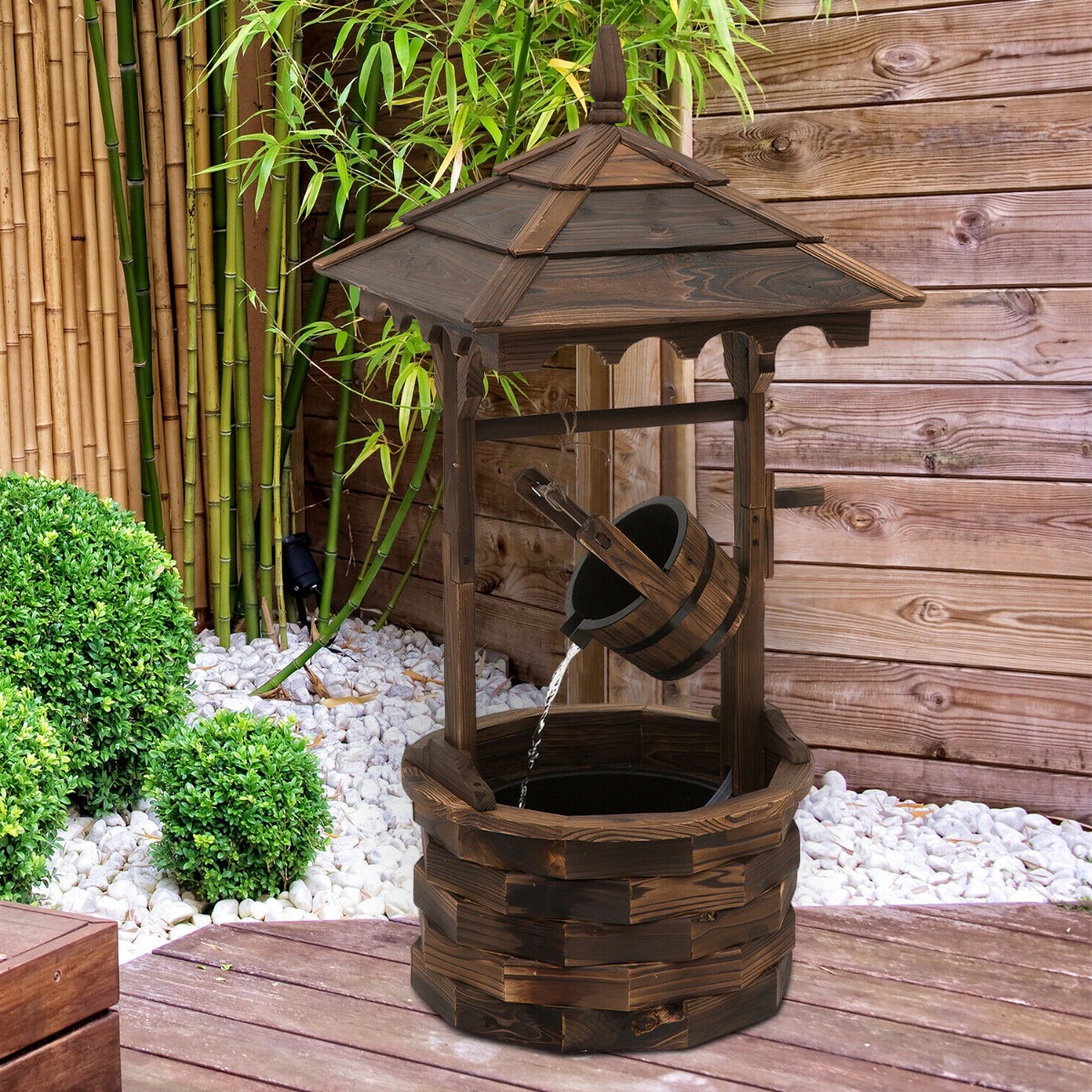 Garden Water Fountain Rustic Wooden Barrel With Pump - Carbonized Wood Colour - Aldo & Ehren