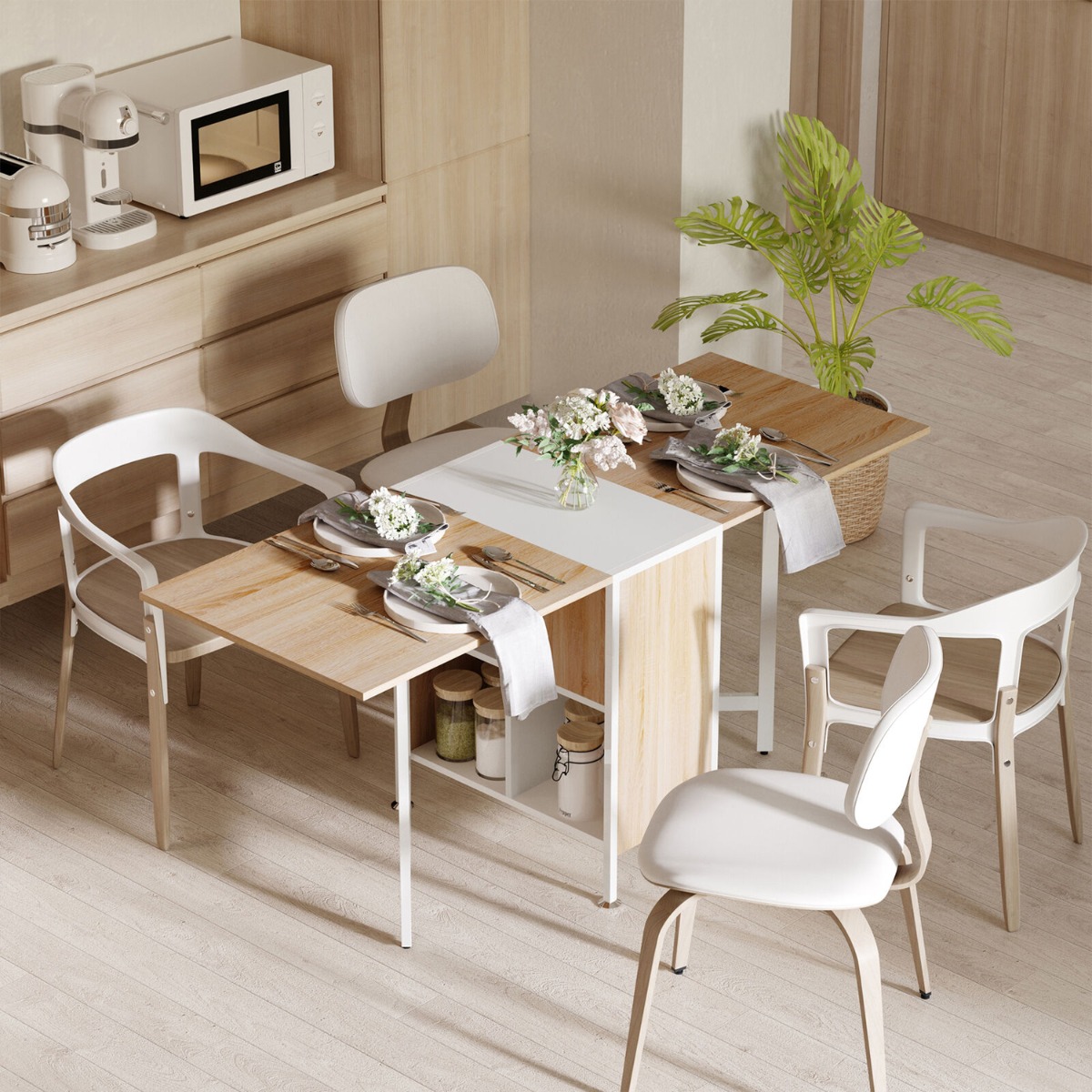 Stylish Design Extendable Dining Table With Storage Shelves , Oak & White - Aldo & Ehren