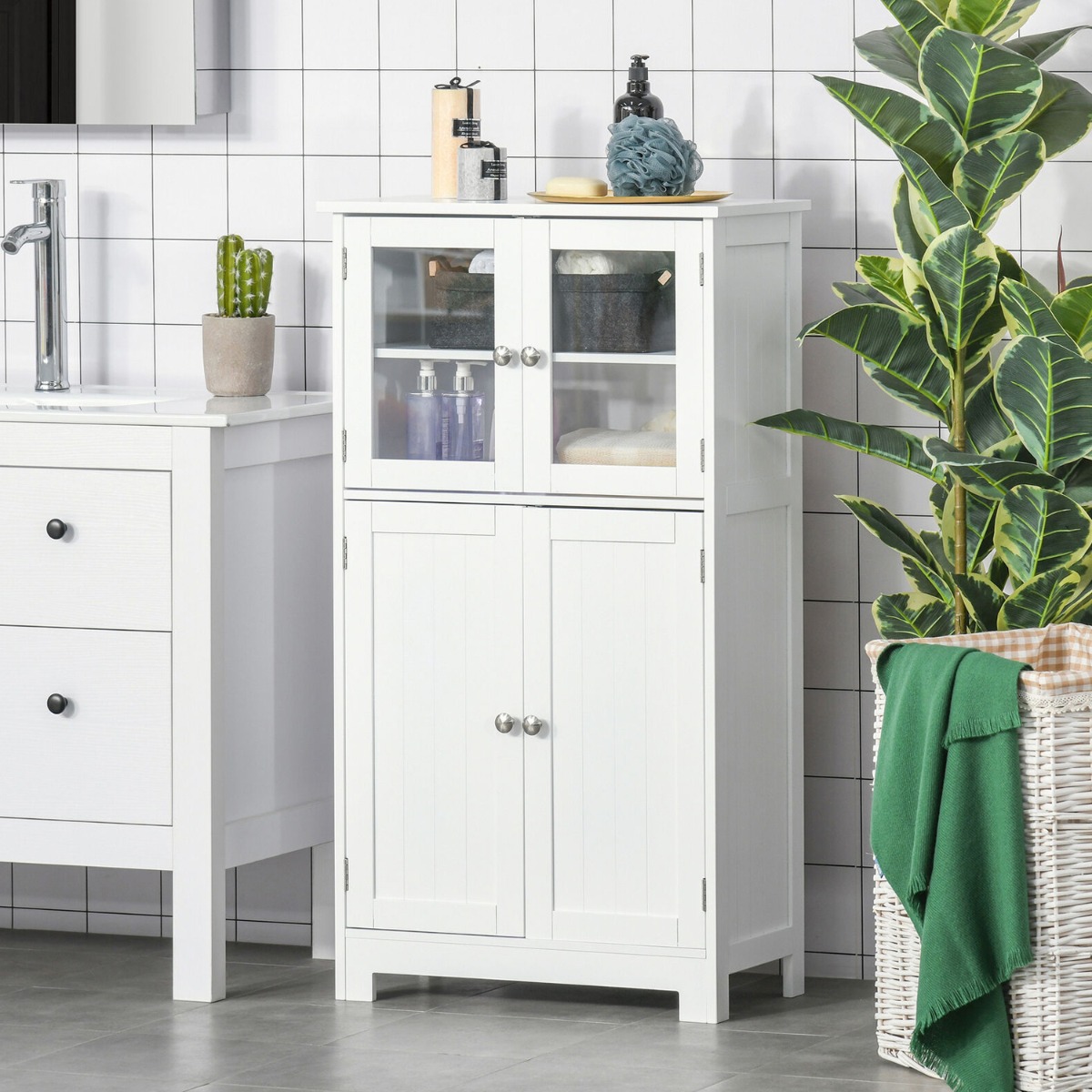Bathroom Floor Cabinet Storage Unit With Doors & Adjustable Shelf - White - Aldo & Ehren