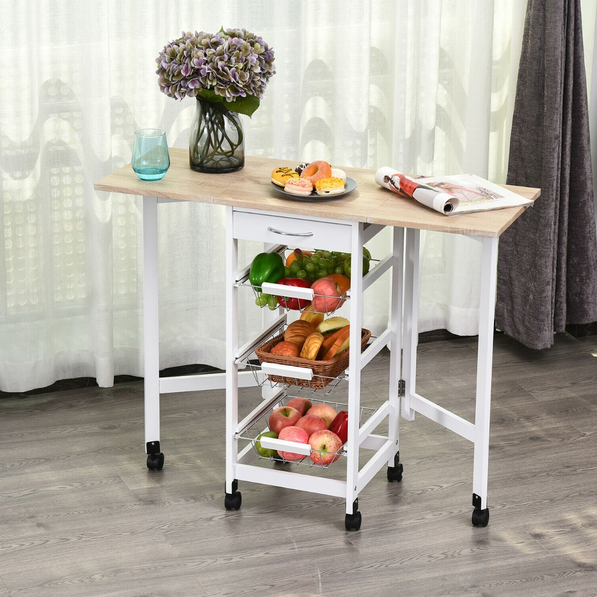 Movable Drop-Leaf Kitchen Trolley With 3 Baskets Drawer Surface Top - White - Aldo & Ehren