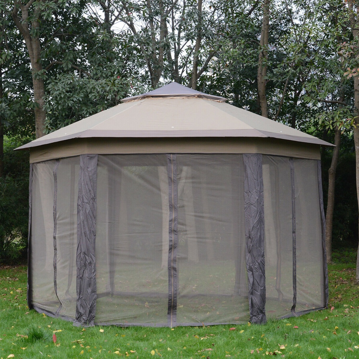 Heavy-Duty Garden Double Roof Hexagon Gazebo Tent - Coffee and Beige - Aldo & Ehren