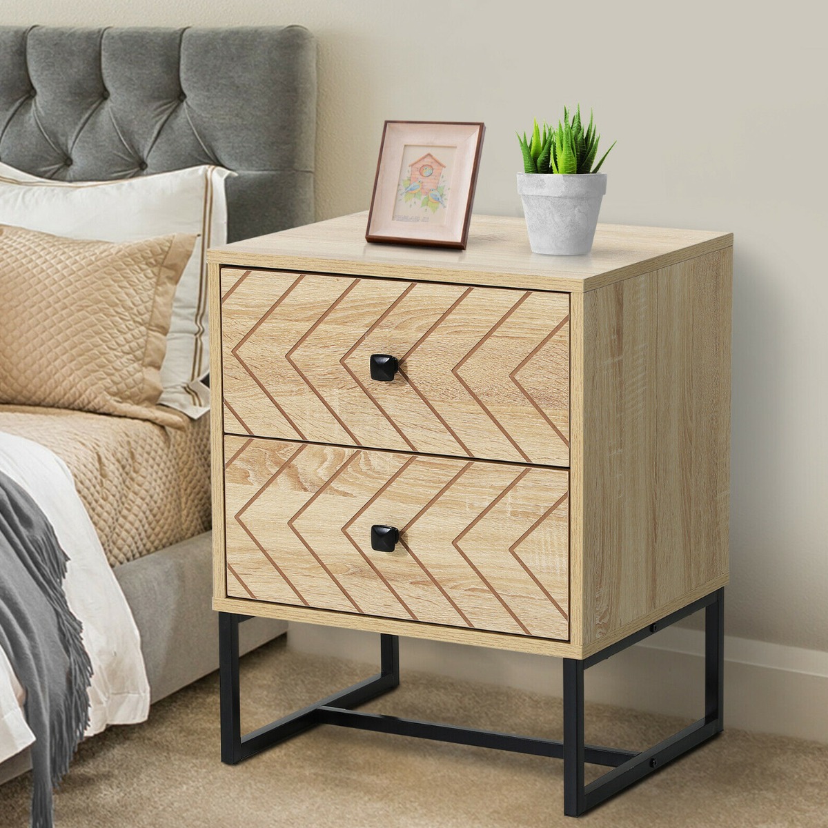 Bedside Table - HALTON 2 Drawer Nightstand Brown 39.5cm - Aldo & Ehren
