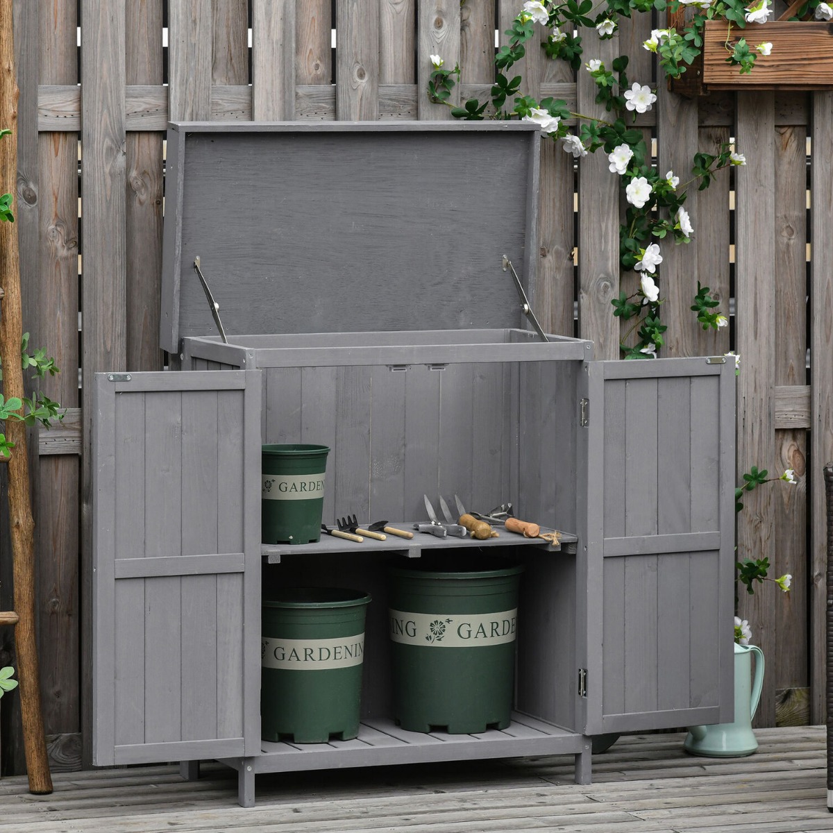 2 Doors Storage Garden Shed With Shelf and Hinged Roof - Grey - Aldo & Ehren