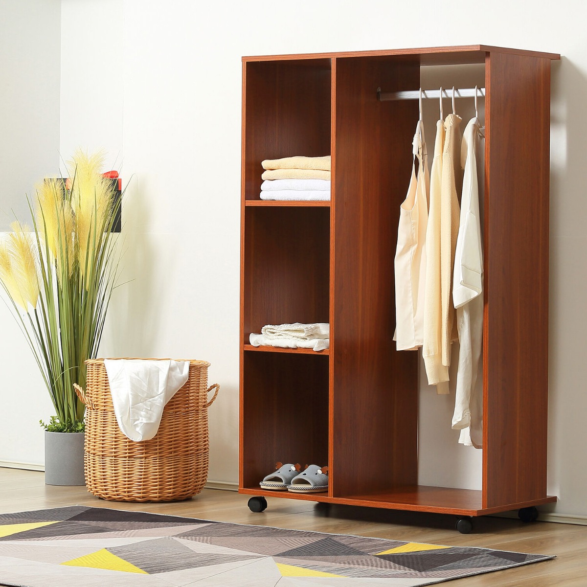 Mobile Open Single Wardrobe Shelves With Clothes Hanging Rail - Walnut - Aldo & Ehren