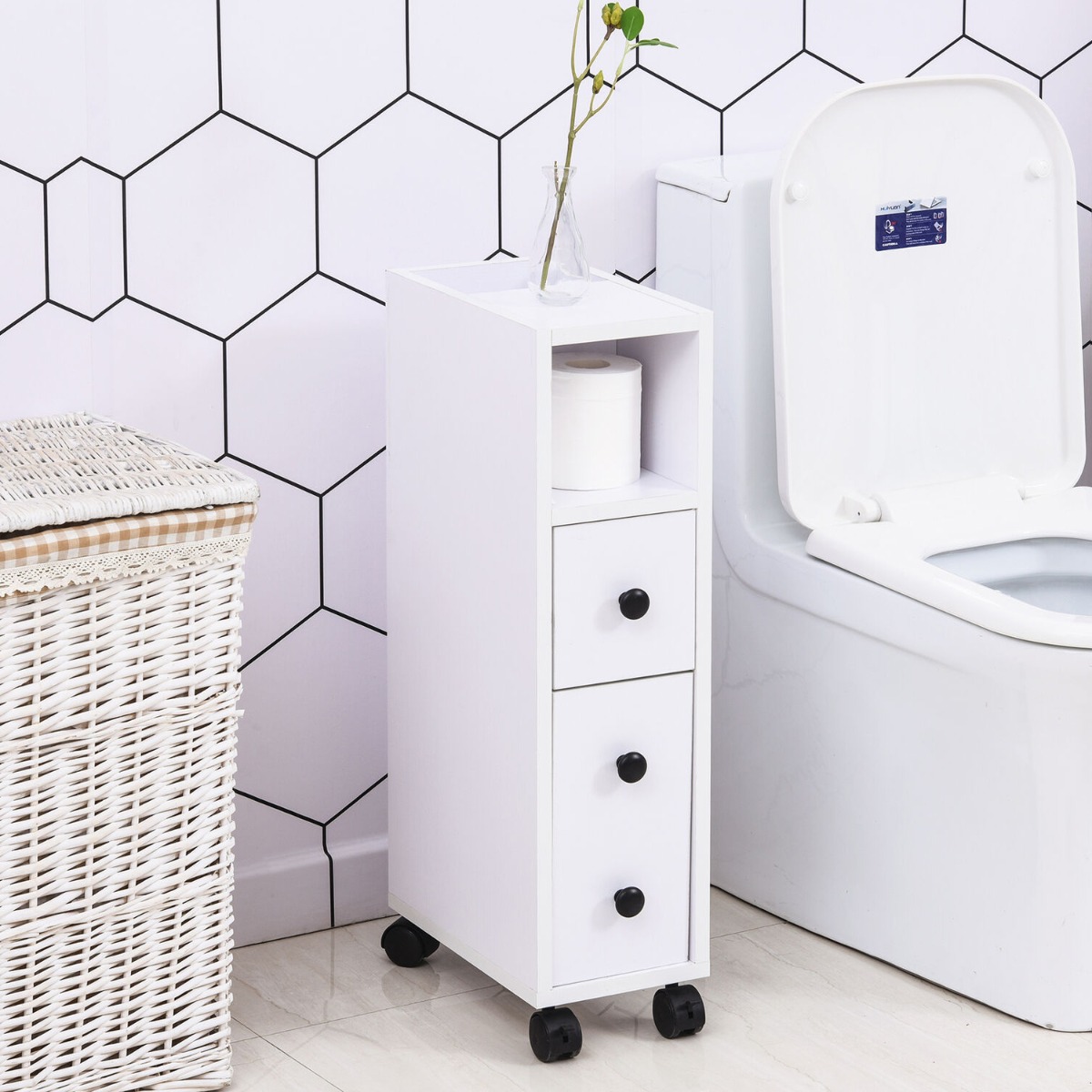 2 Drawers Slimline Bathroom Cabinets Racks with 2 Open Compartments - White - Aldo & Ehren