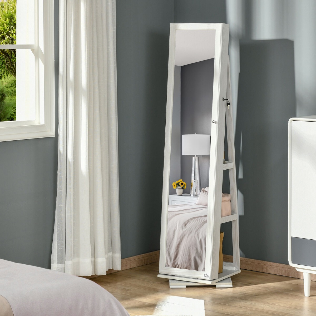 Freestanding Floor Mirror With Lockable Jewellery Cabinet - White - Aldo & Ehren