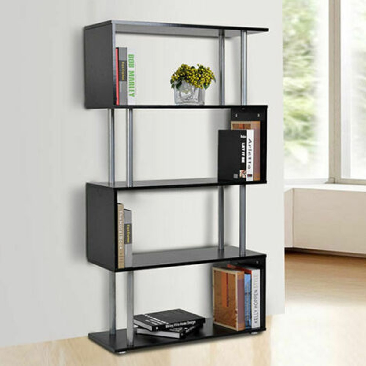 Wooden S Shape Bookcase - Black - Aldo & Ehren
