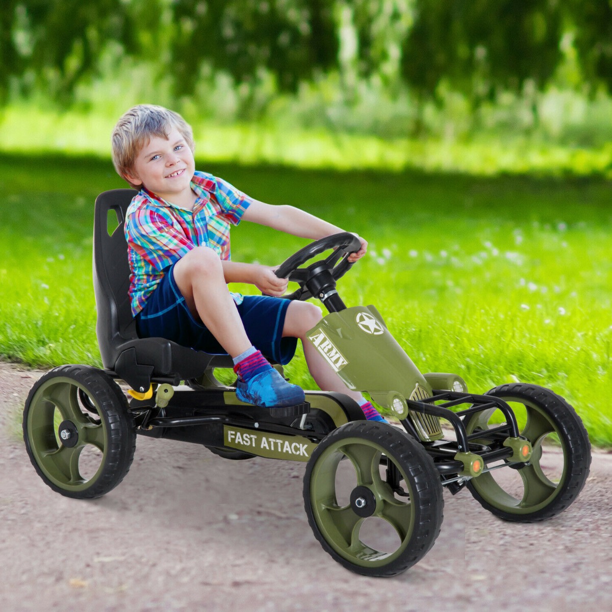 Go Kart Ride On Racer Kids Hand Brake Pedal Powered Adjustable - Green - Aldo & Ehren